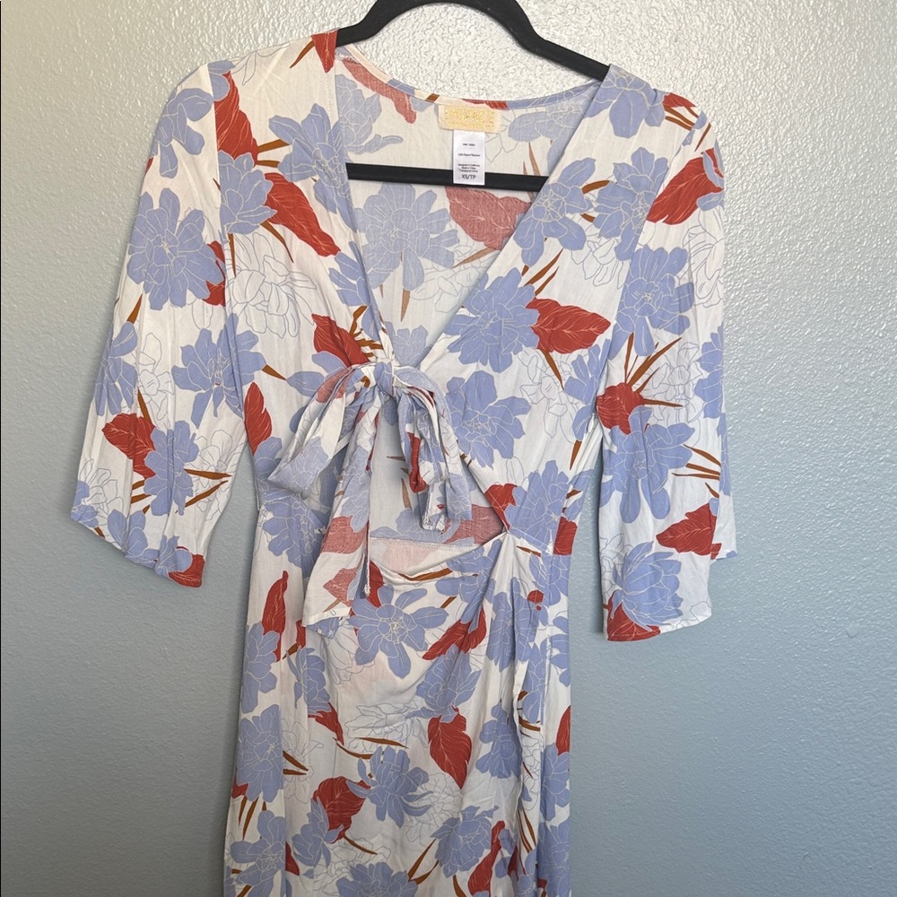 L SPACE Floral Tie-Front Midi Dress in White, Blue & Rust